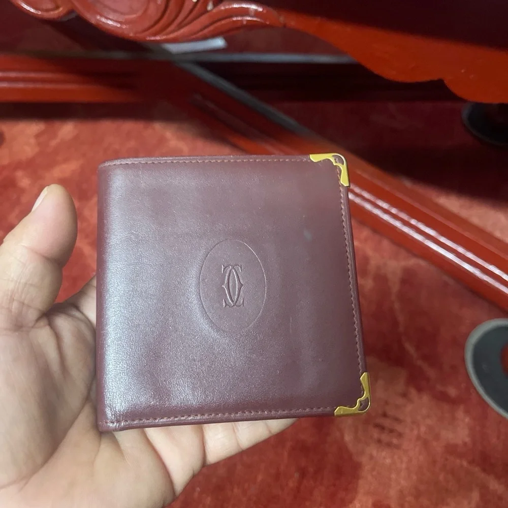 Cartier Bordeaux Red leather wallet vintage square bifold compact.